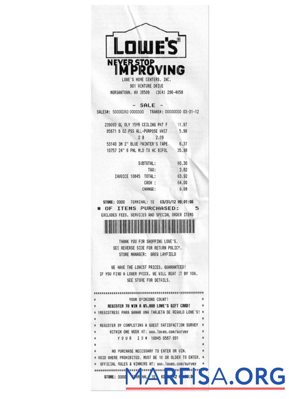 Blank LOWES payment receipt sample